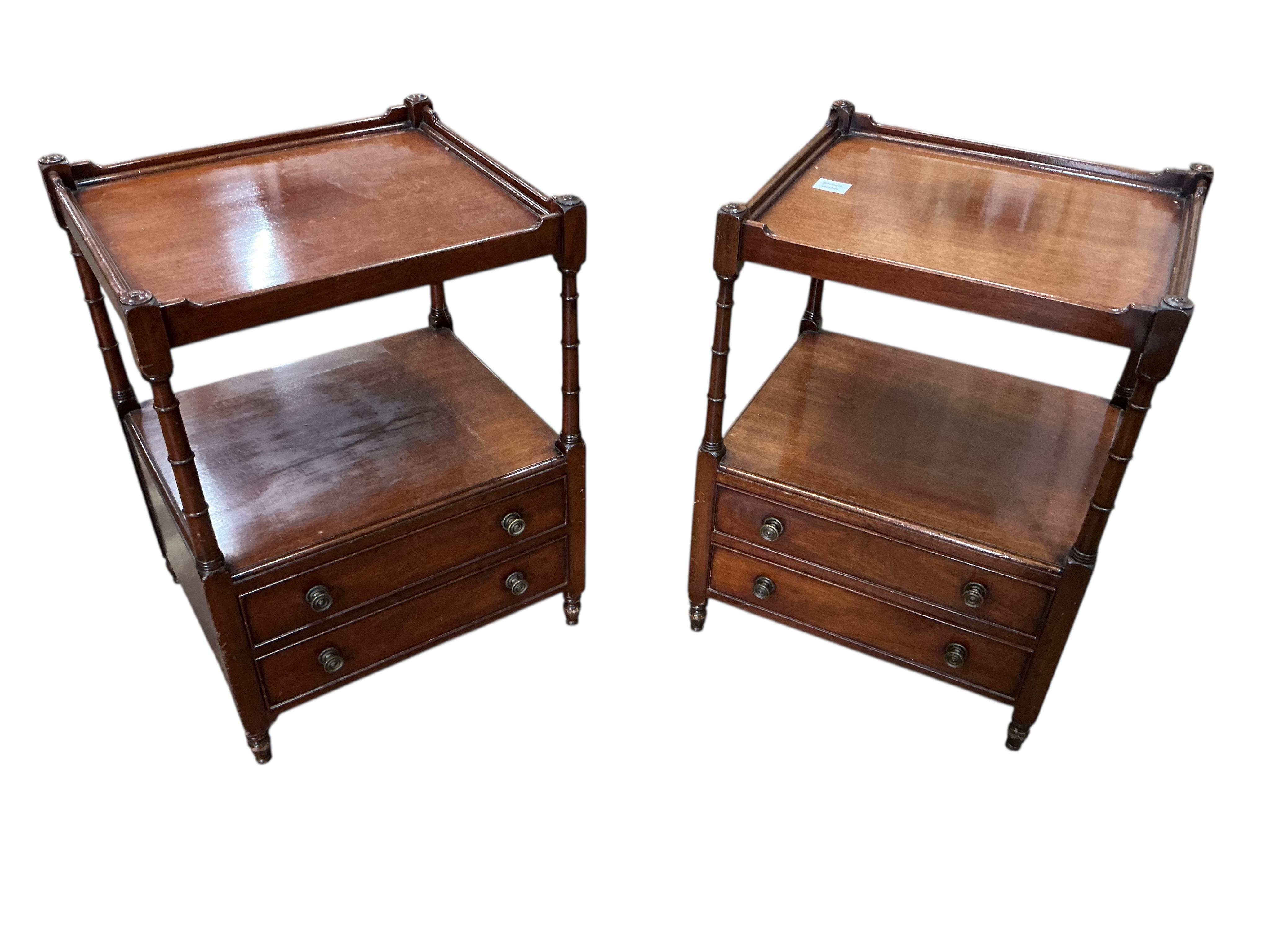 A pair of reproduction George III style mahogany two tier occasional tables, width 48cm, depth 41cm, height 65cm